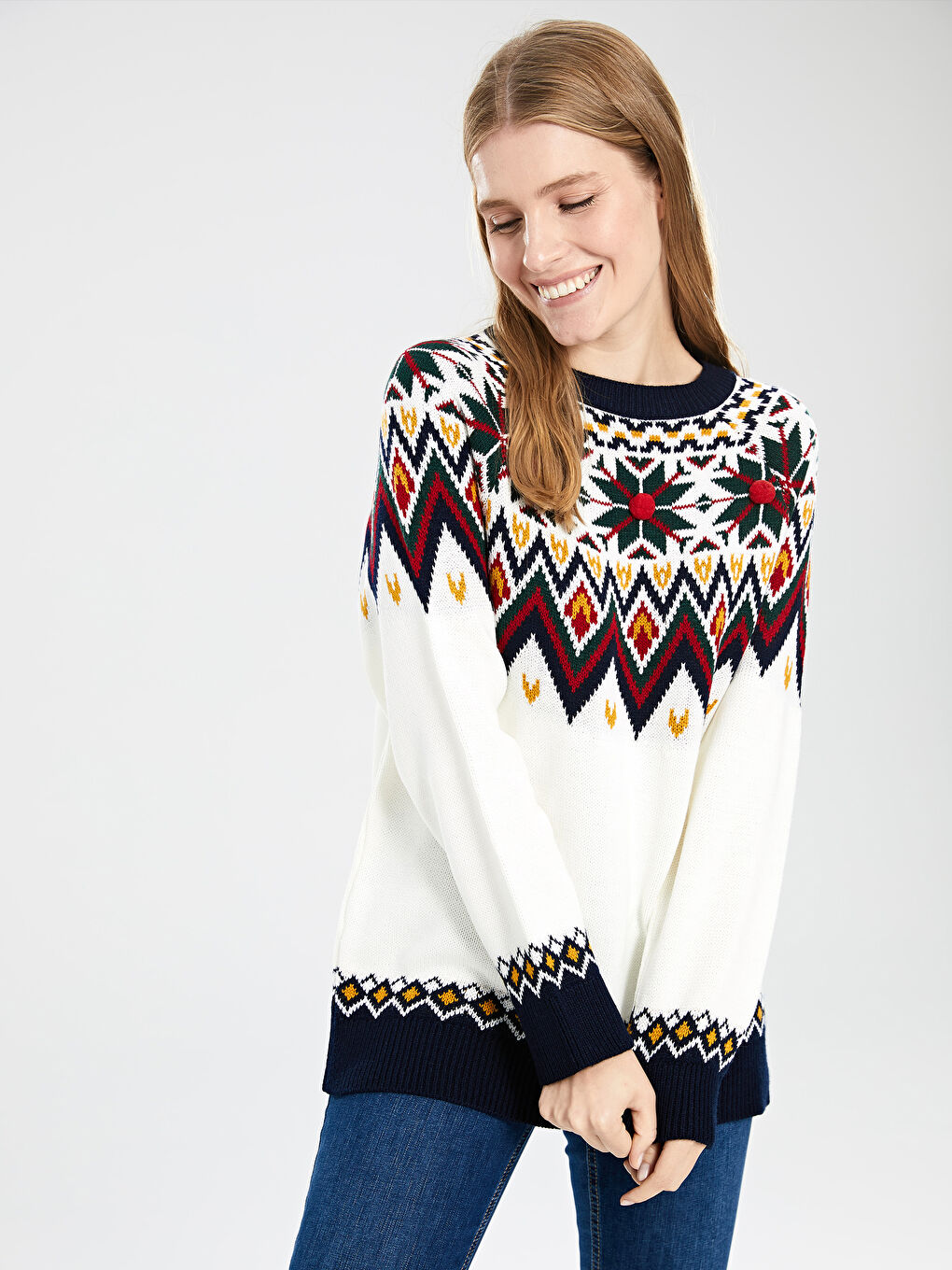 әйелдерге арналған дөңгелек жағалы ұзын жең трикотаж жемпір-1