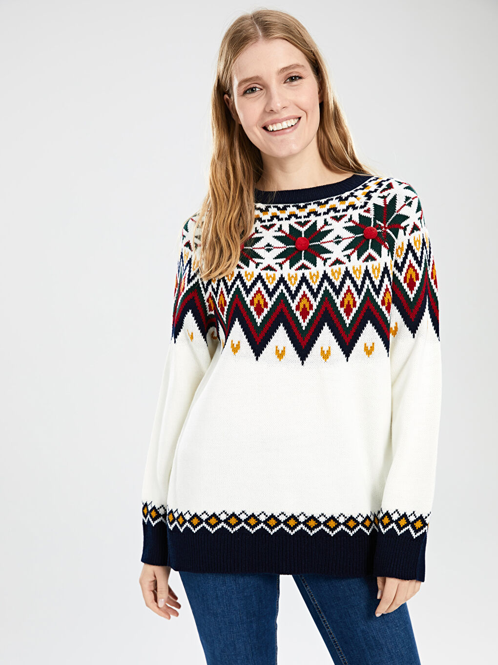 әйелдерге арналған дөңгелек жағалы ұзын жең трикотаж жемпір-2