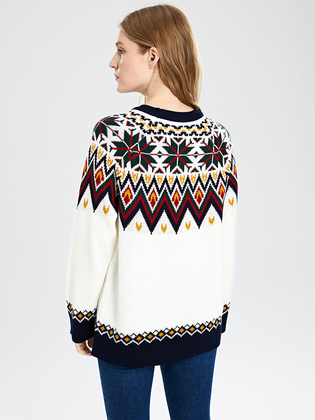 әйелдерге арналған дөңгелек жағалы ұзын жең трикотаж жемпір-3