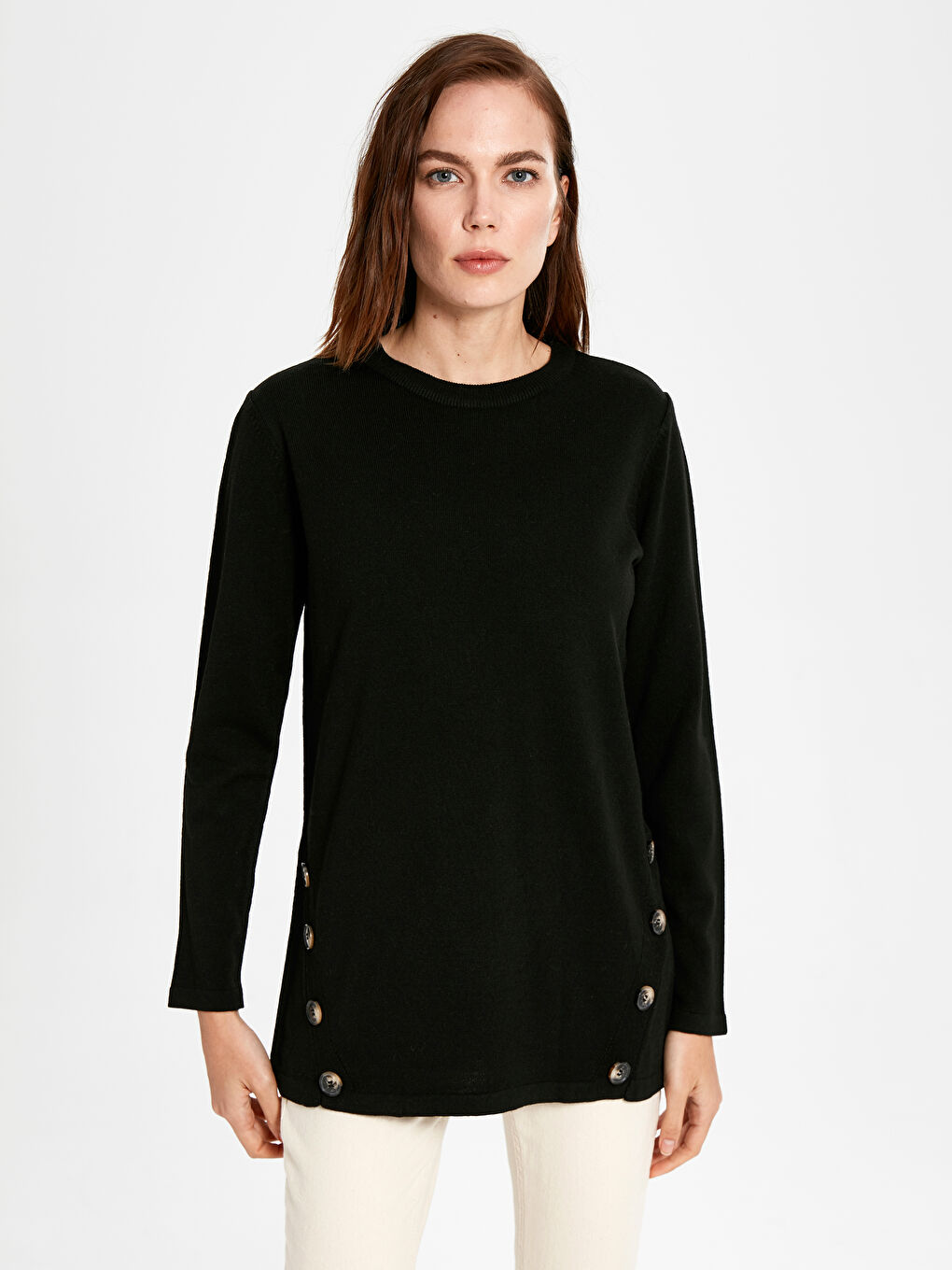 Әйелдерге арналған ұзын жеңді трикотаж жемпір түйме детальды-2