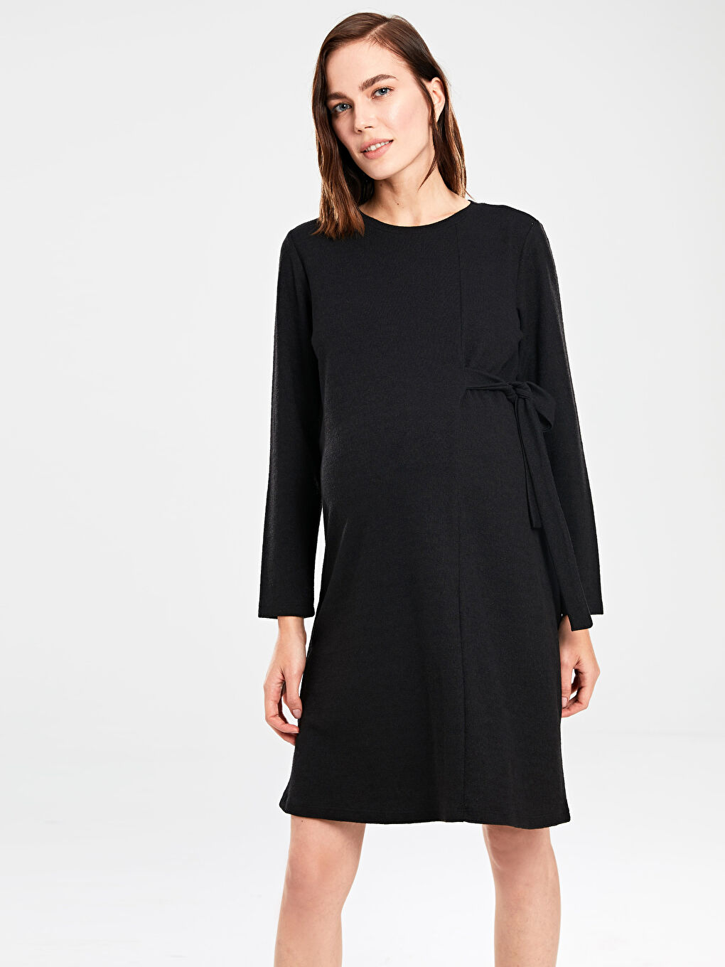 Siyah Bisiklet Yaka Uzun Kollu Kadın Elbise