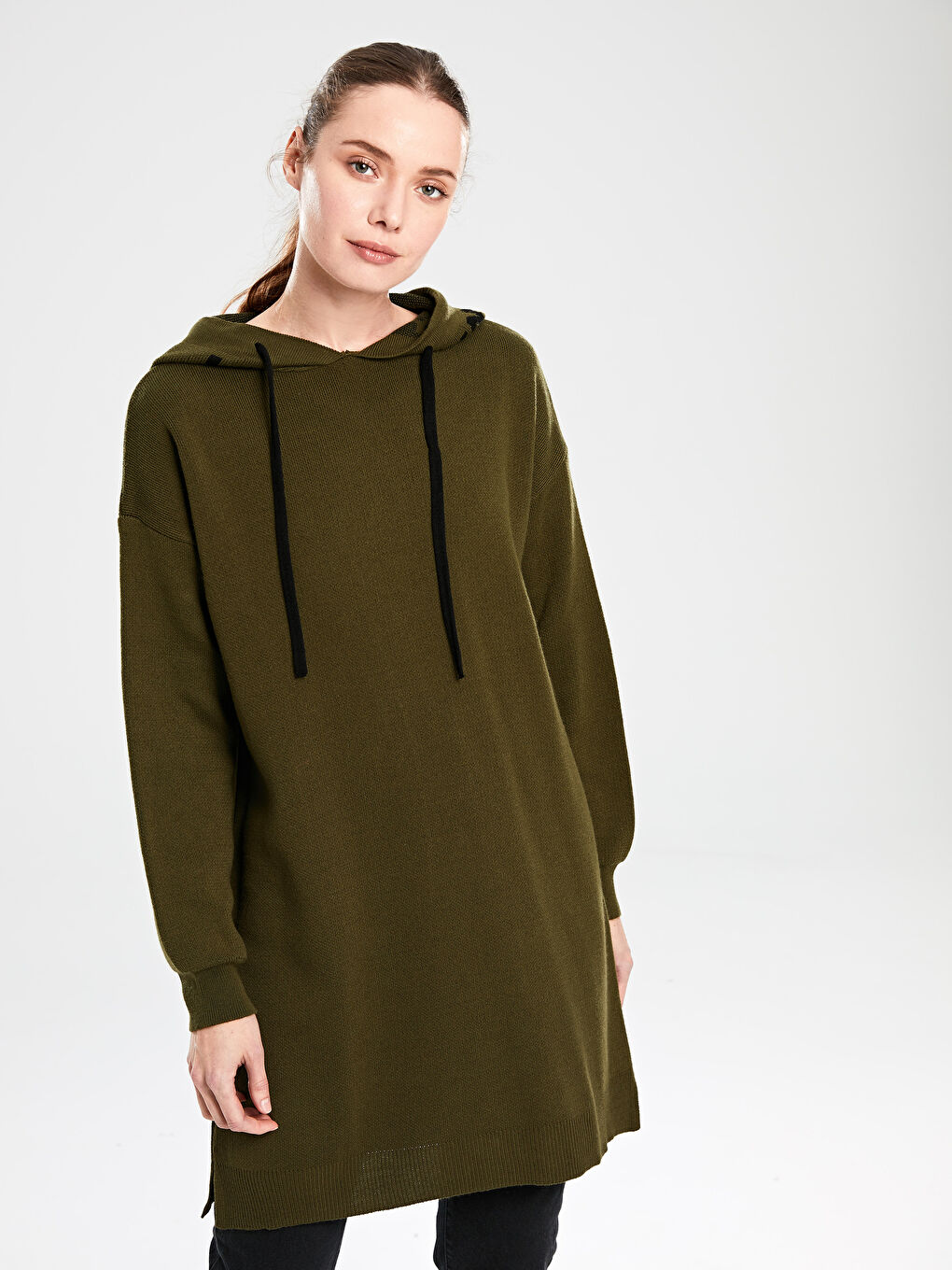 Haki Kapüşonlu Kadın Tunik-1