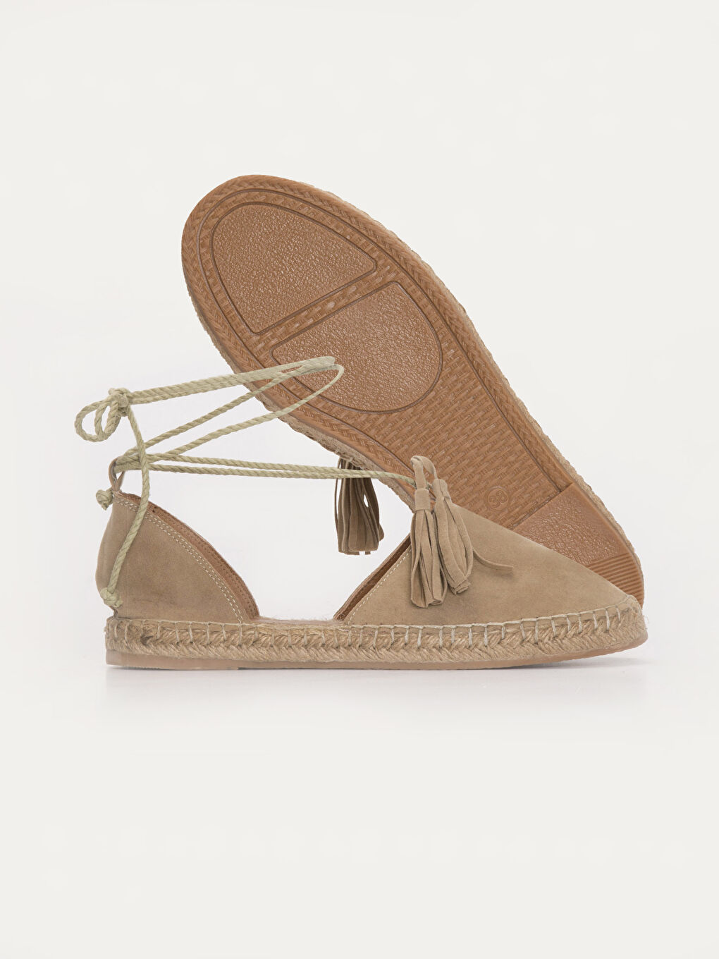 Bej Kadın Hakiki Deri Süet Deri Espadril Sandalet-2
