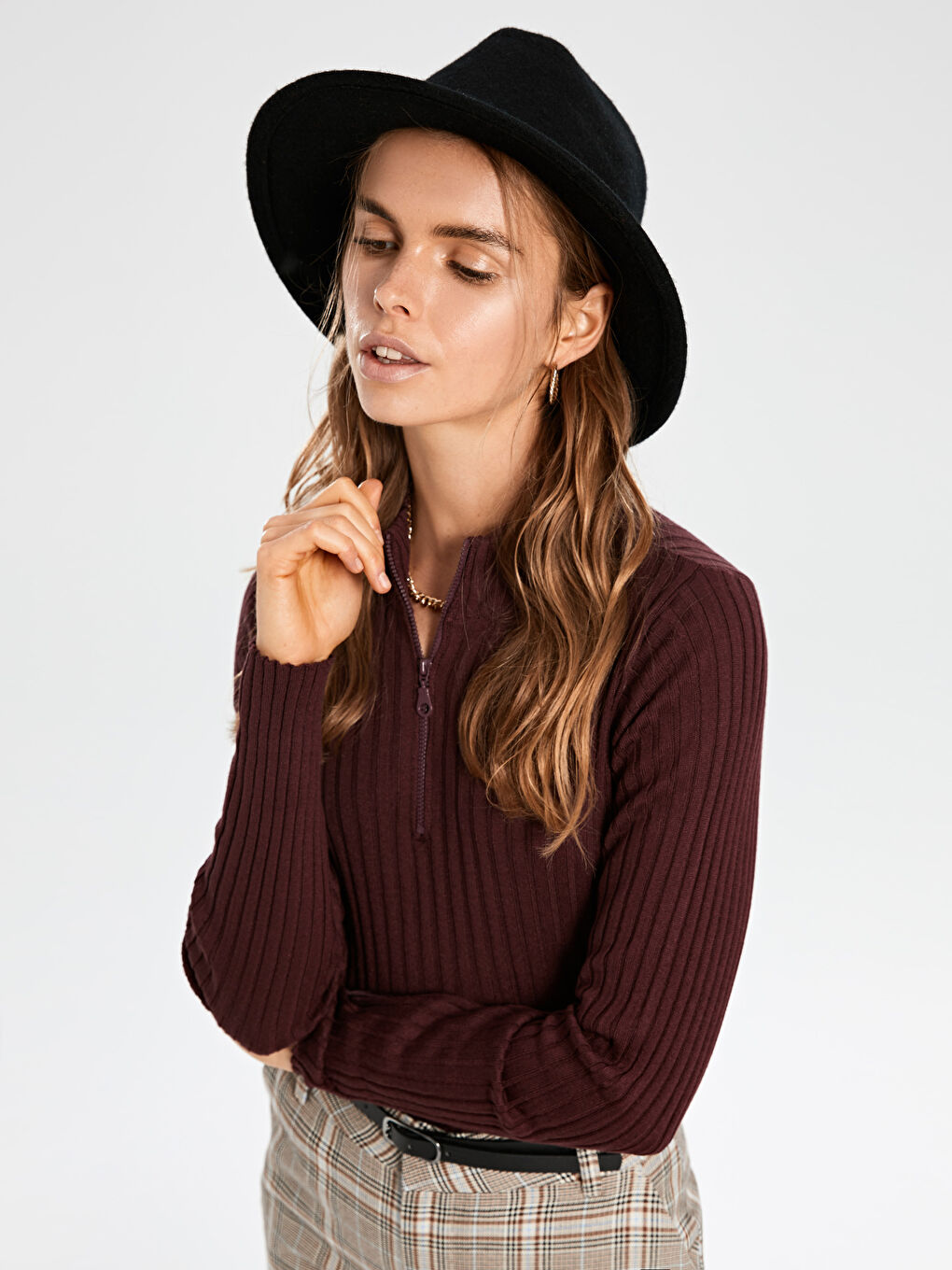 Bordo Yarım Balıkçı Yaka Uzun Kollu Kadın Kazak-1