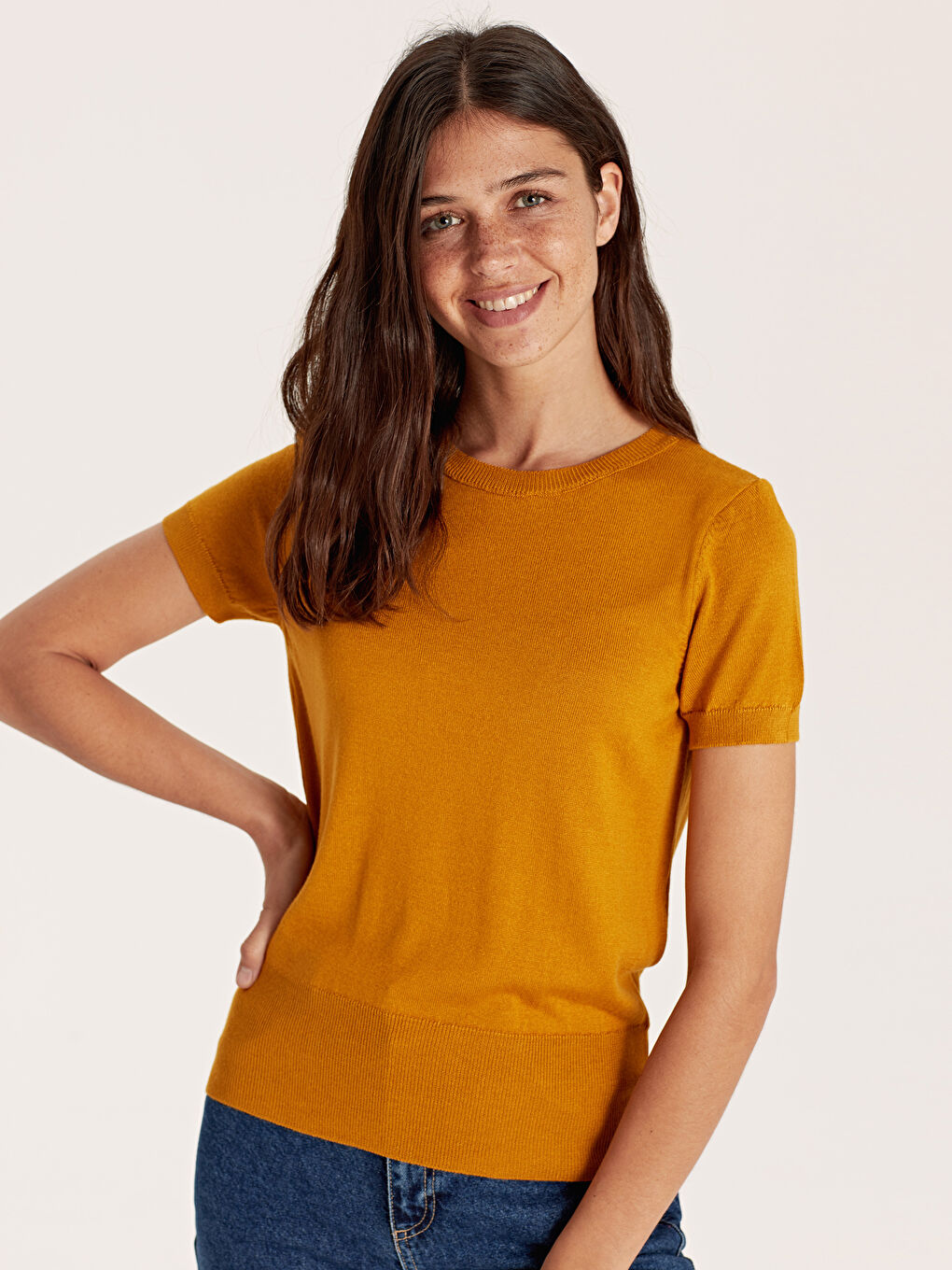 Sarı Kısa Kollu İnce Kadın Triko Kazak