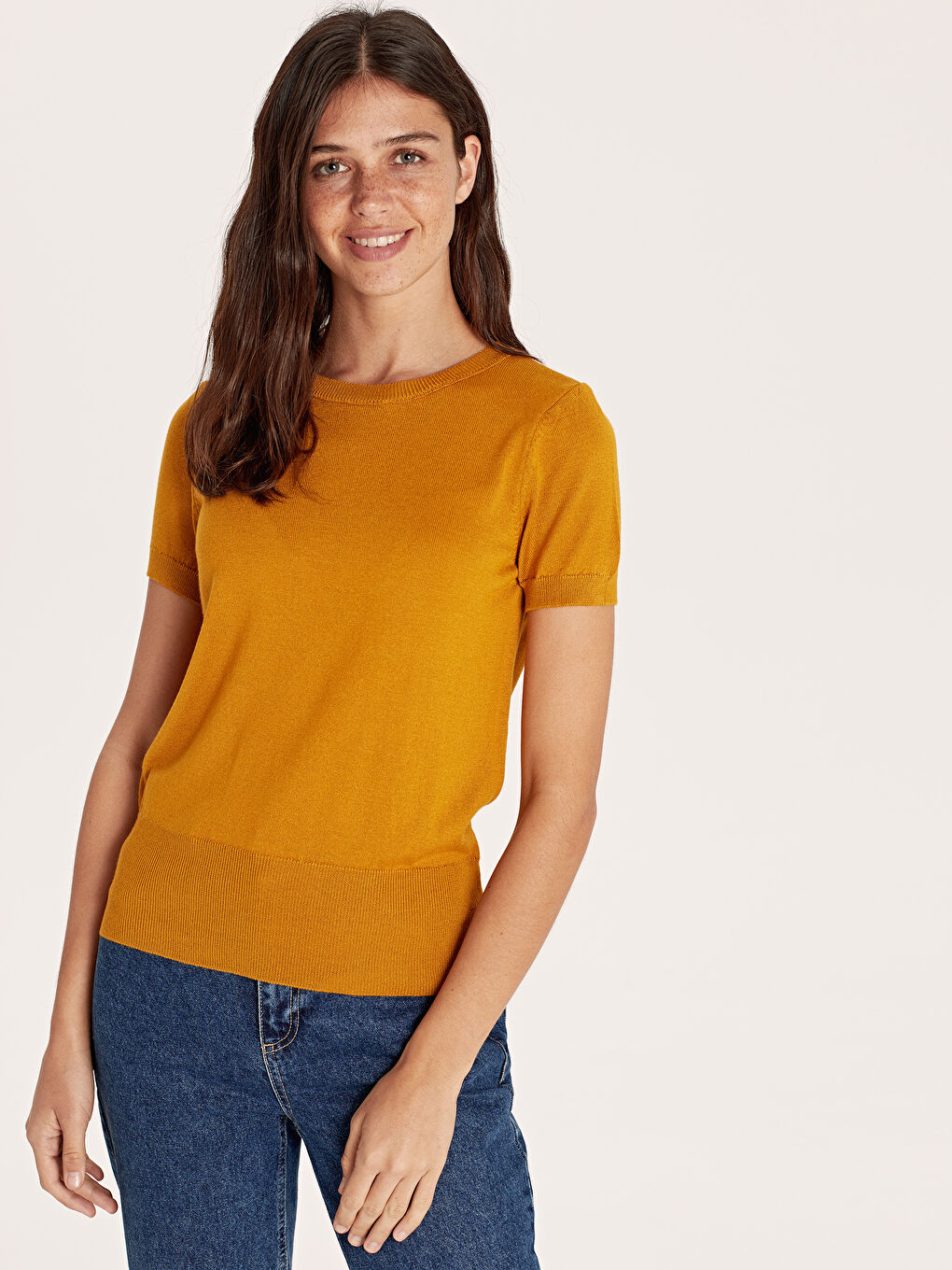 Sarı Kısa Kollu İnce Kadın Triko Kazak-1