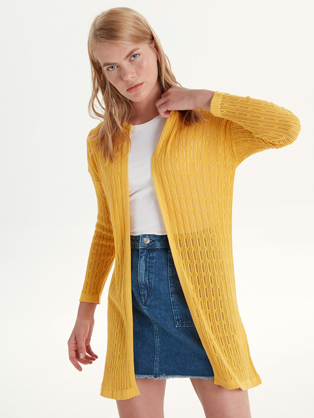 Sarı Bisiklet Yaka Uzun Kollu Kadın Hırka