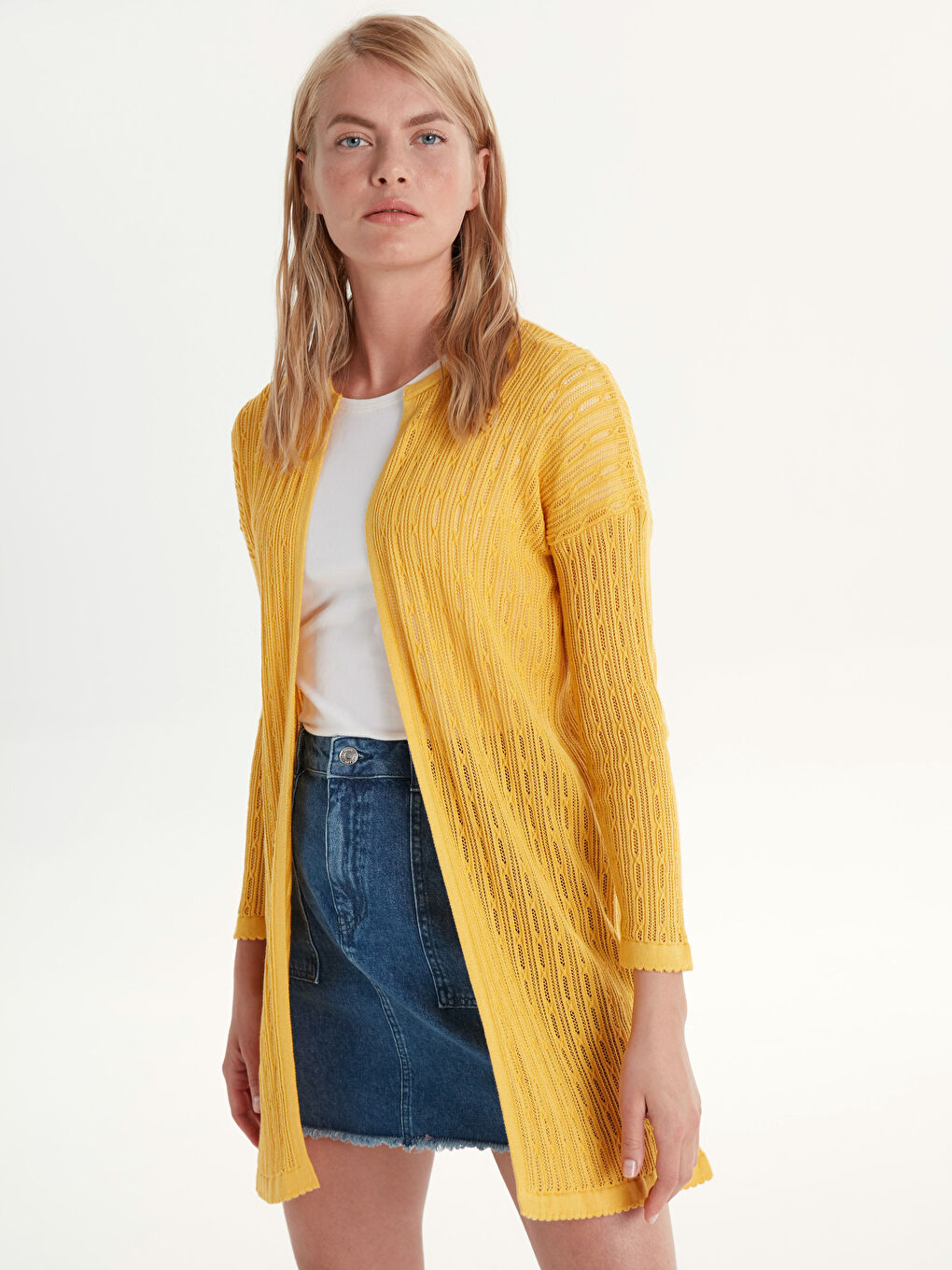 Sarı Bisiklet Yaka Uzun Kollu Kadın Hırka-1