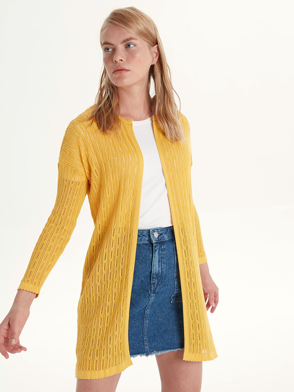 Sarı Bisiklet Yaka Uzun Kollu Kadın Hırka-2