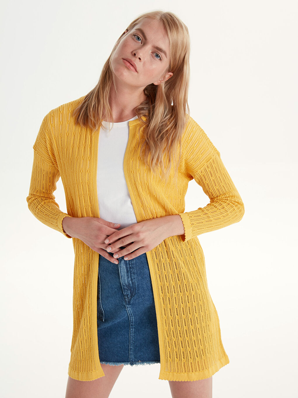 Sarı Bisiklet Yaka Uzun Kollu Kadın Hırka-3