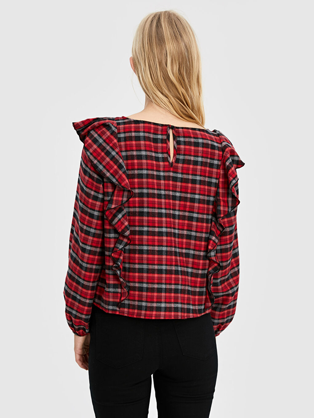 Ruffle Detail Women's Long Sleeve Plaid Shirt-2