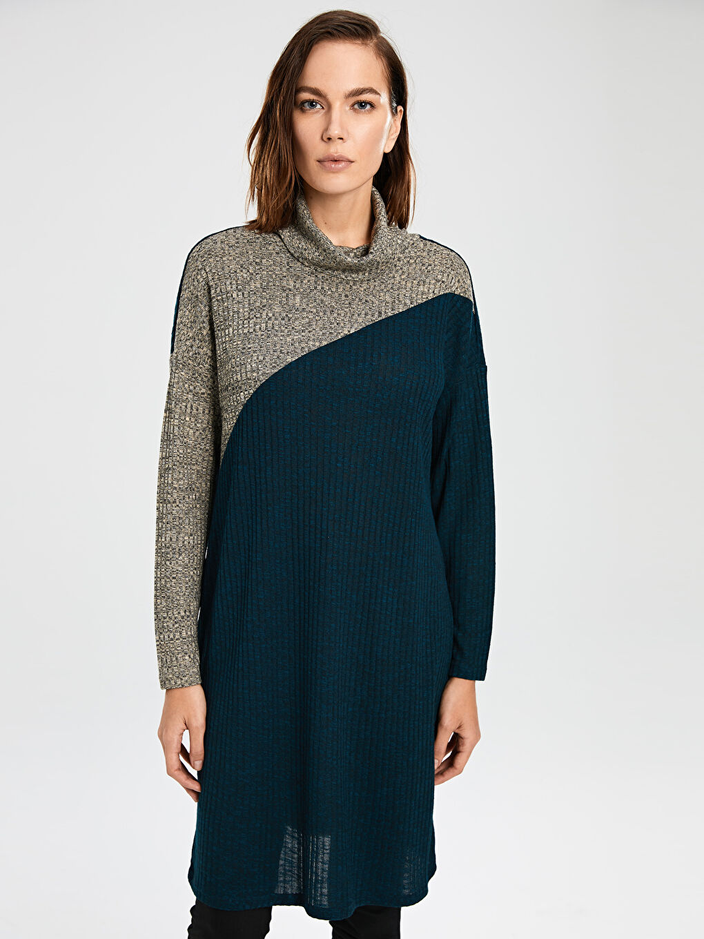 Turuncu Renk Bloklu Desenli Uzun Kollu Kadın Tunik-1