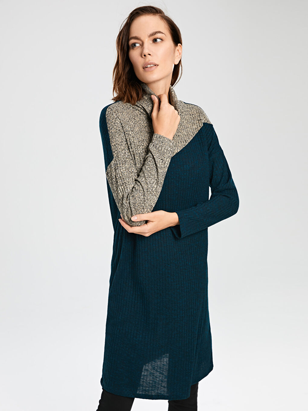 Turuncu Renk Bloklu Desenli Uzun Kollu Kadın Tunik-2