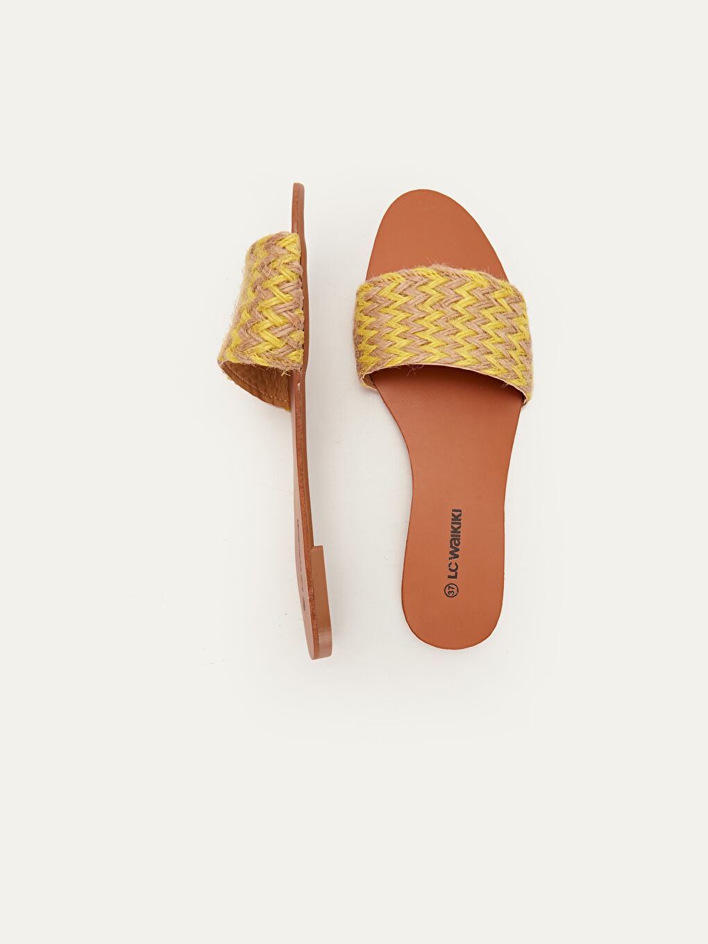 Sarı Hasır Örgülü Tek Bantlı İnce Kadın Terlik-1