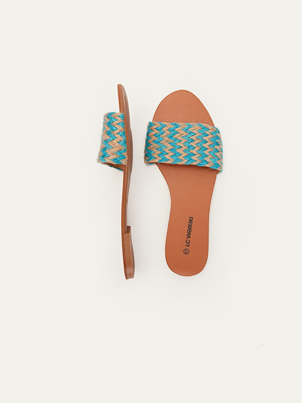 Turkuaz Hasır Örgülü Tek Bantlı İnce Kadın Terlik-1