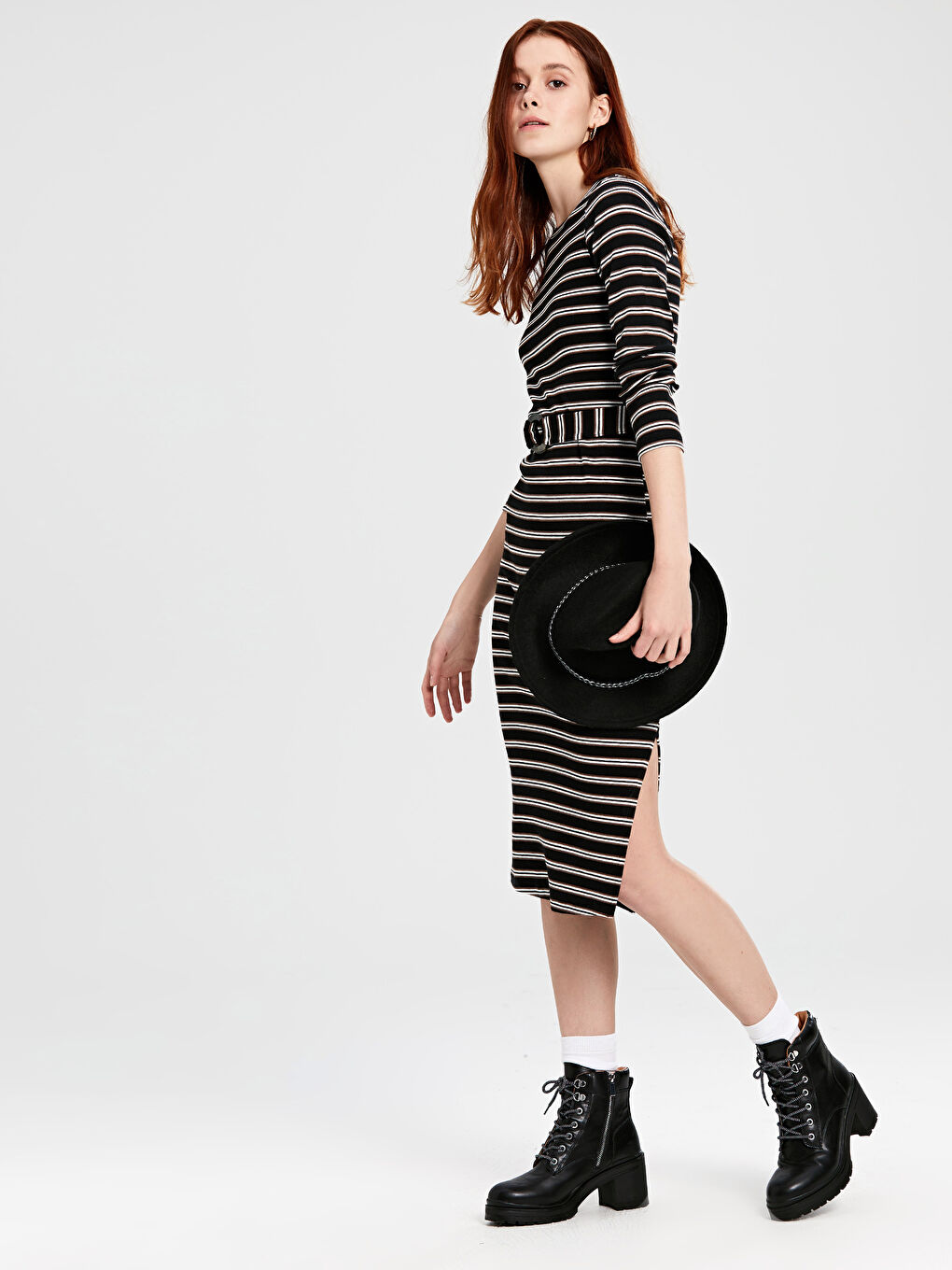 Siyah Bisiklet Yaka Çizgili Uzun Kollu Kadın Elbise-1