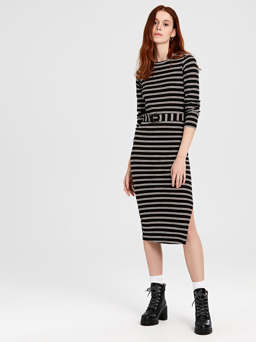 Siyah Bisiklet Yaka Çizgili Uzun Kollu Kadın Elbise-2