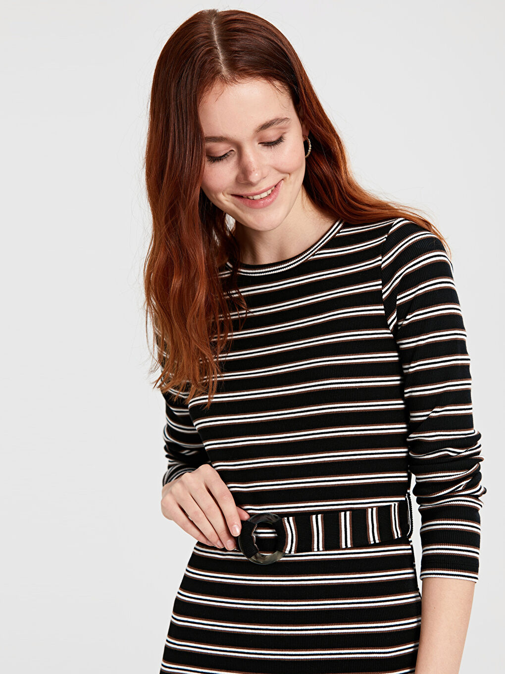 Siyah Bisiklet Yaka Çizgili Uzun Kollu Kadın Elbise-3