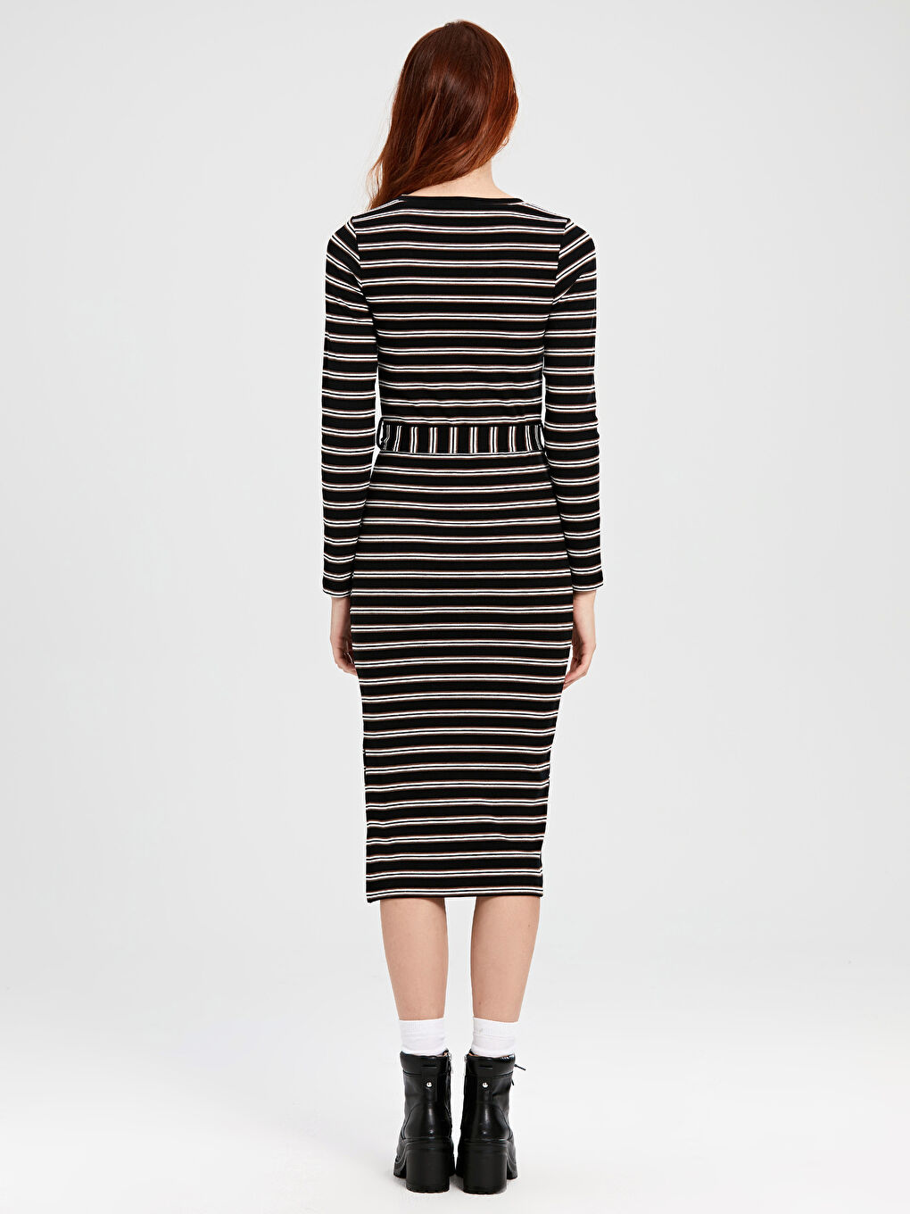 Siyah Bisiklet Yaka Çizgili Uzun Kollu Kadın Elbise-4