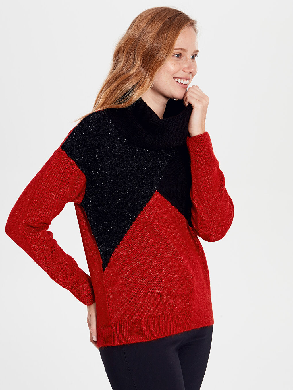 Әйелдерге арналған түрлі-түсті қалқан жағалы ұзын жең жемпір-1