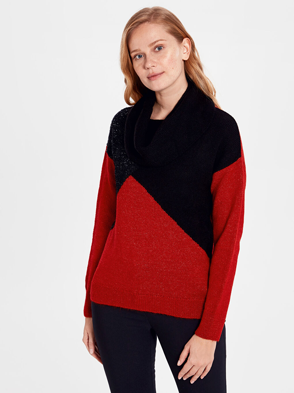 Әйелдерге арналған түрлі-түсті қалқан жағалы ұзын жең жемпір-2