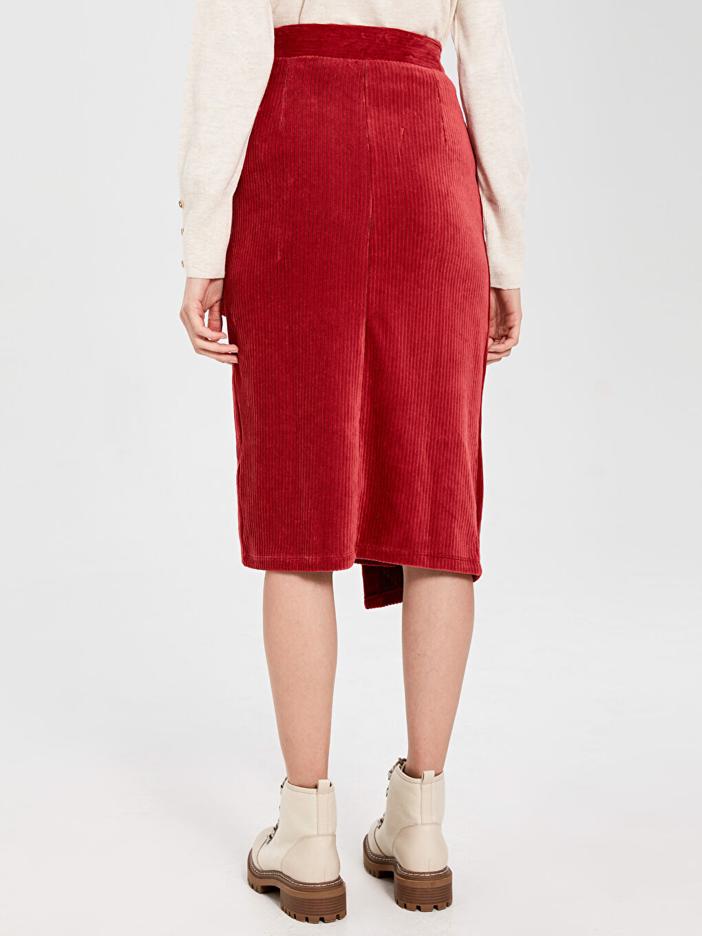 Kırmızı Yüksek Bel Kemer Detaylı Kadife Kumaş Kadın Kloş Etek-2