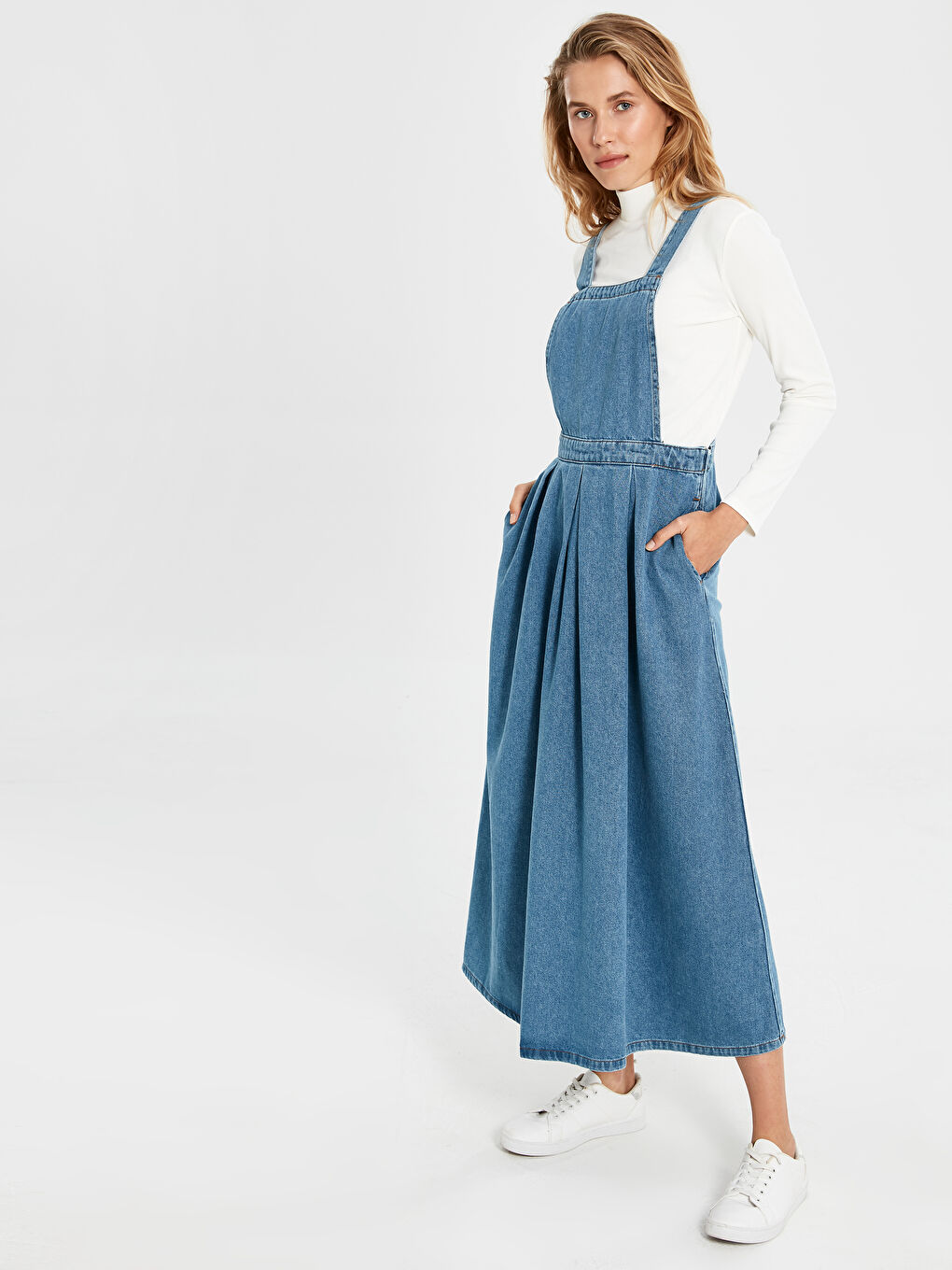 İndigo Askılı Kadın Jean Elbise-1
