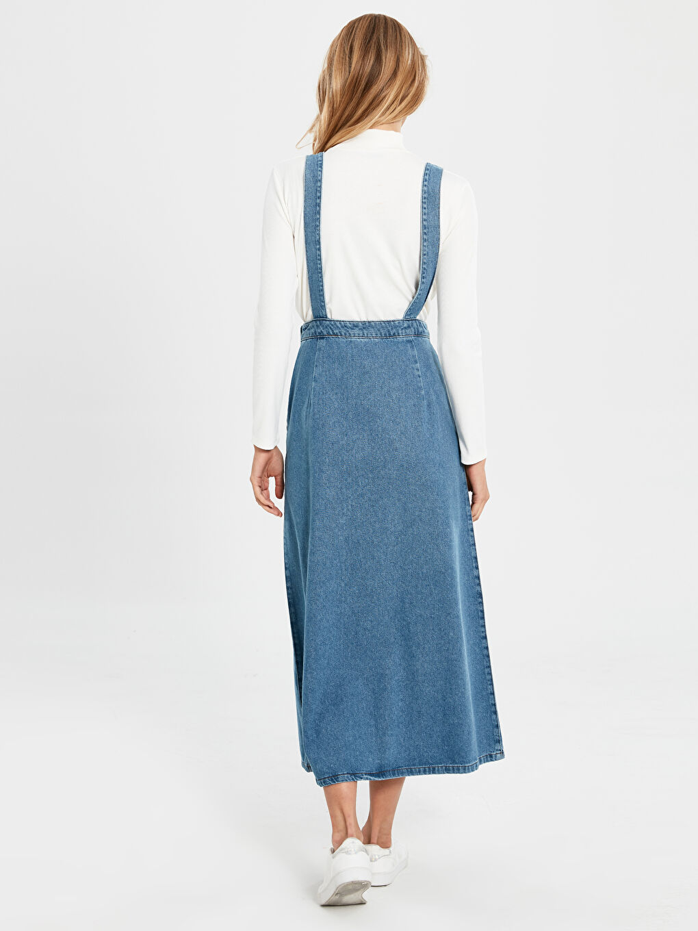 İndigo Askılı Kadın Jean Elbise-2