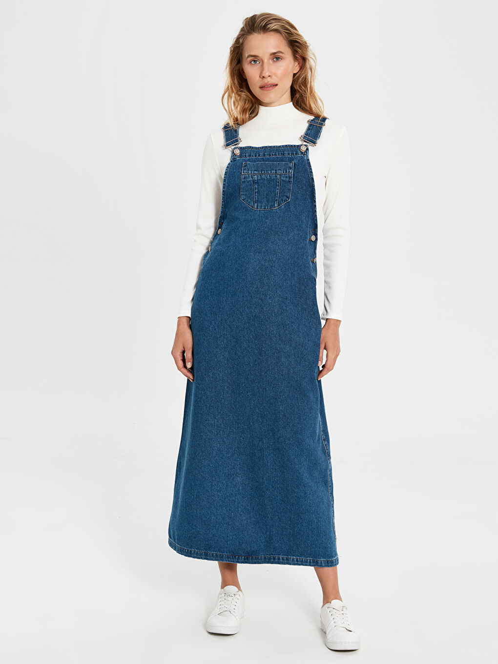 İndigo Askılı Kadın Jean Elbise-1