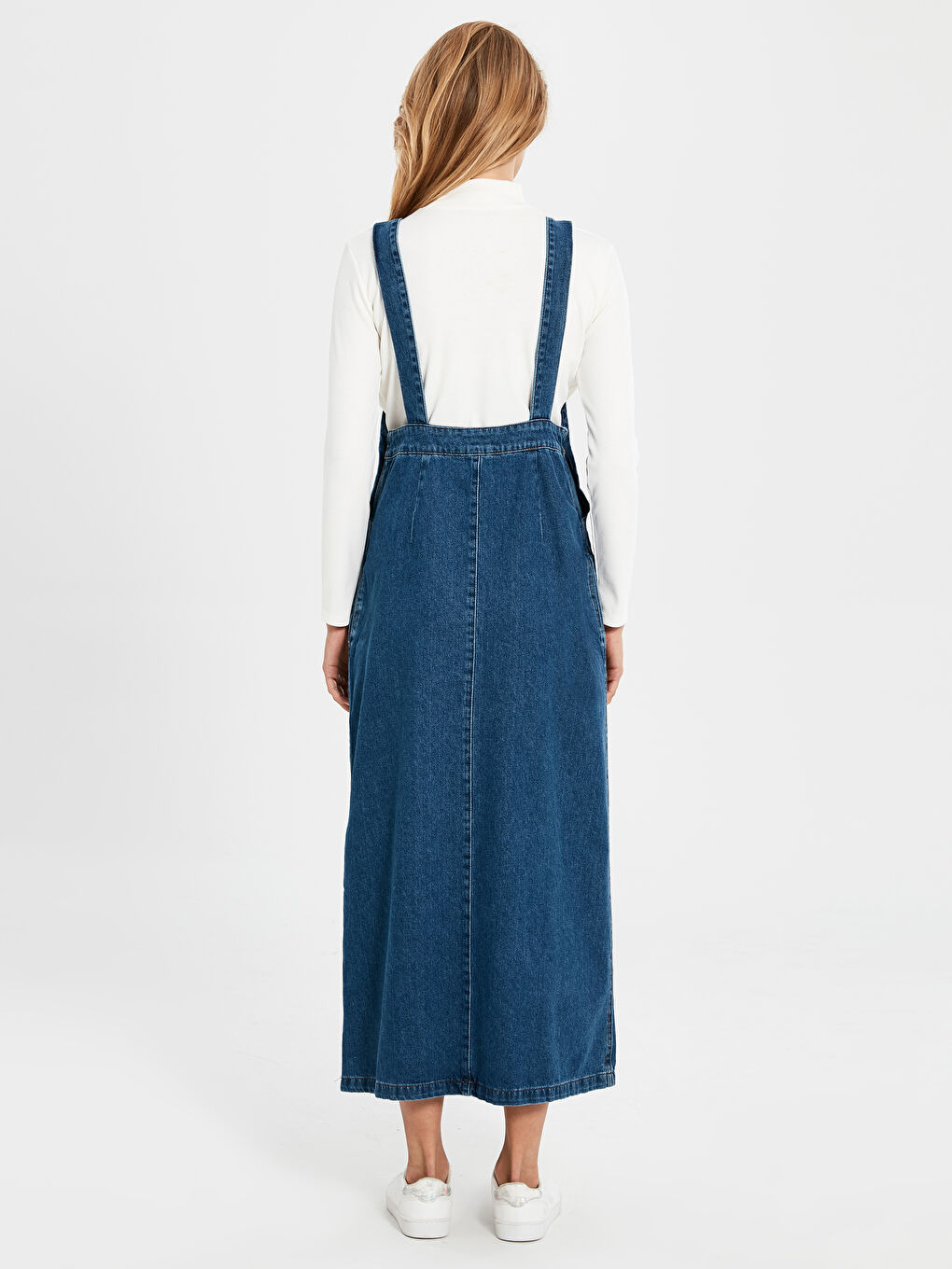 İndigo Askılı Kadın Jean Elbise-2