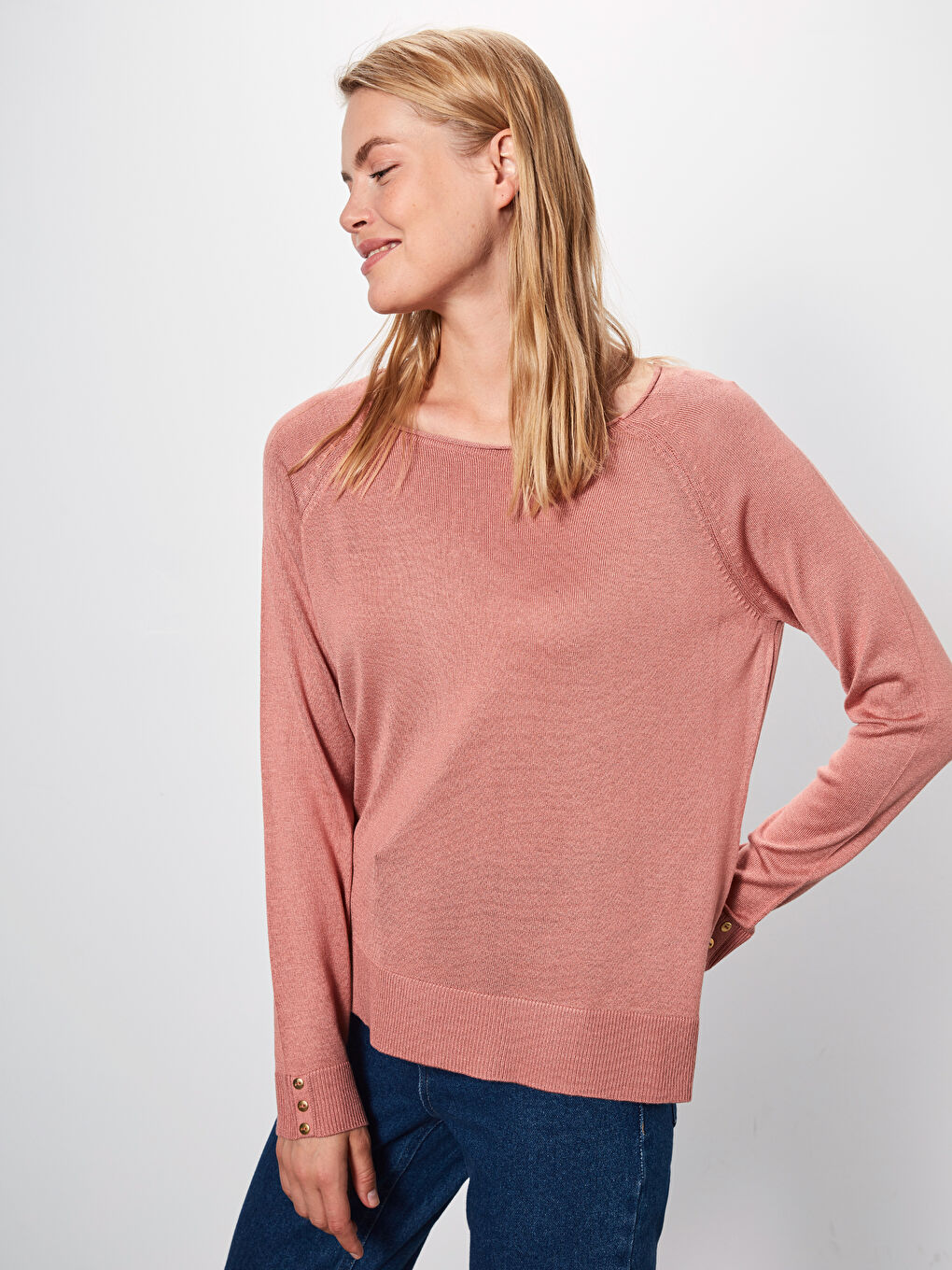 Crew Neck Sleeve End Button Detailed Women's Knitwear Sweater-1