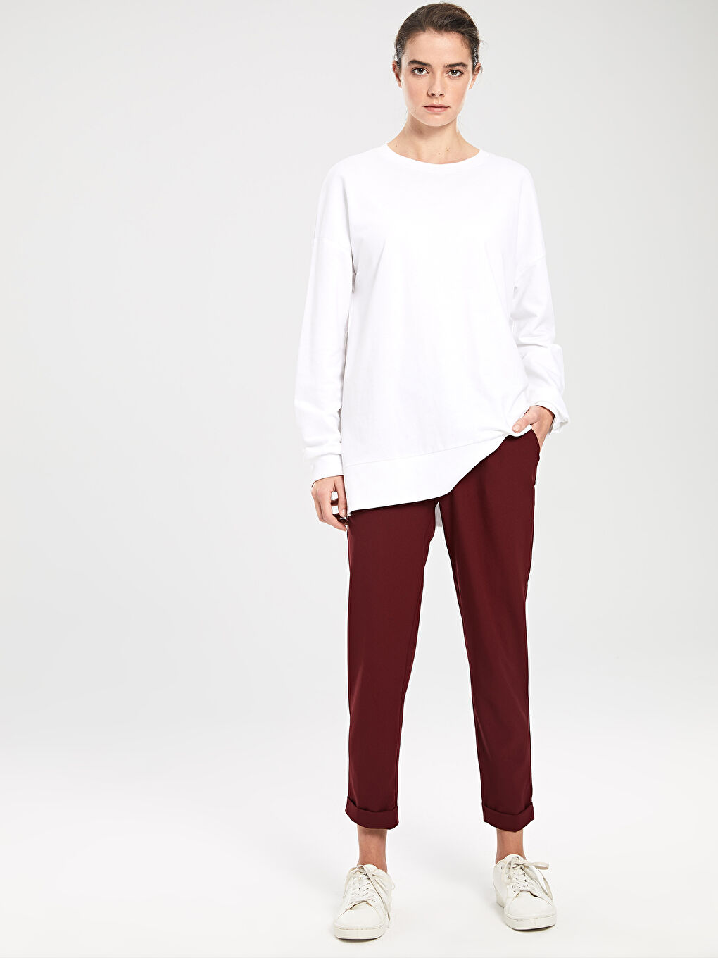 Bordo Beli Lastikli Esnek Kadın Pantolon