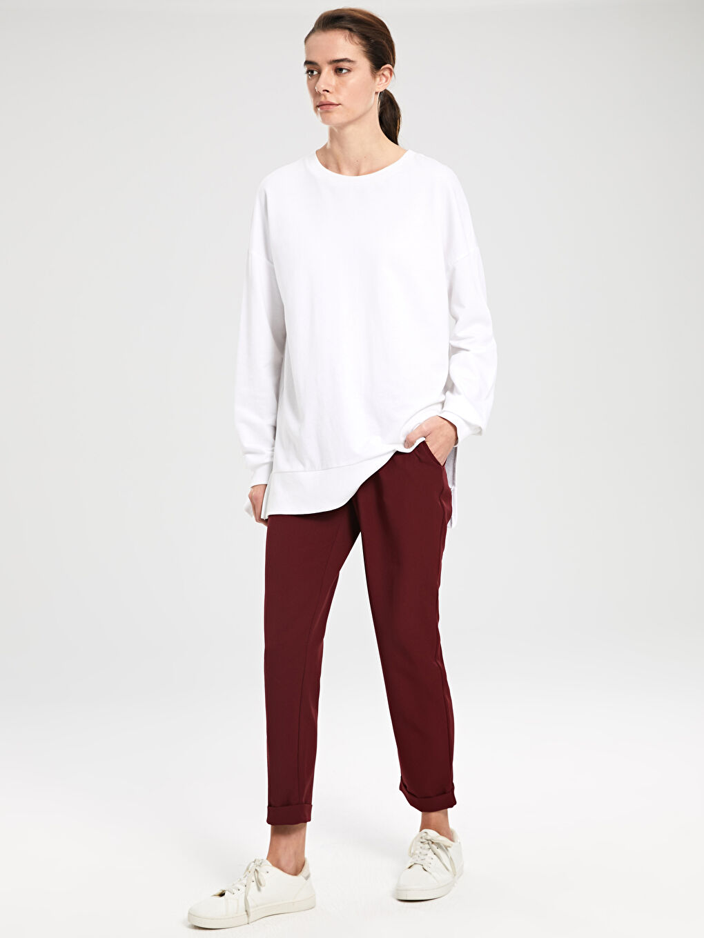 Bordo Beli Lastikli Esnek Kadın Pantolon-1