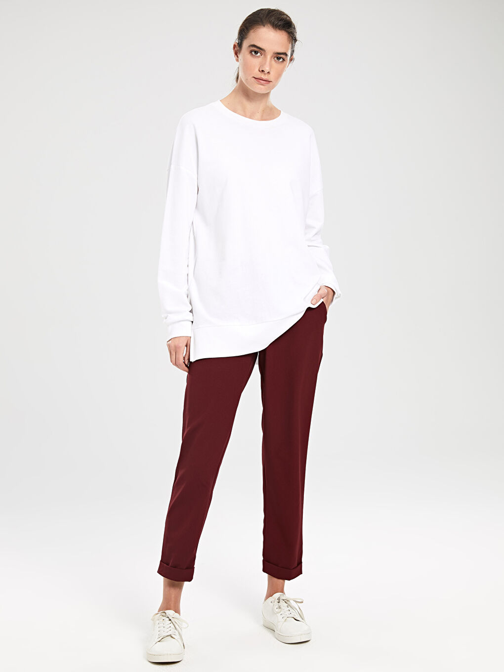 Bordo Beli Lastikli Esnek Kadın Pantolon-2