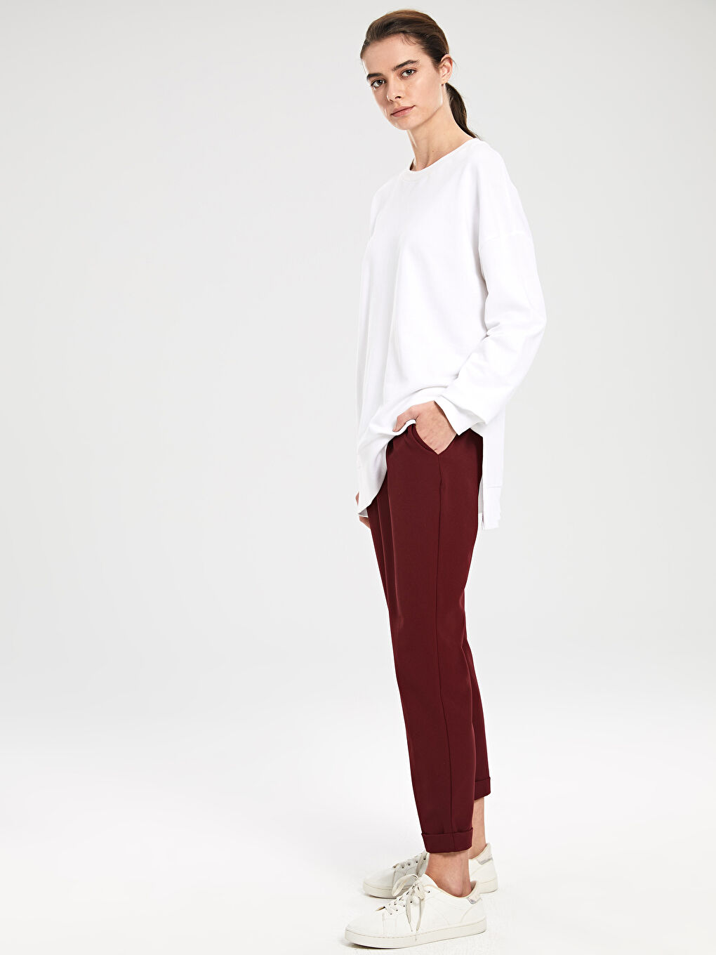 Bordo Beli Lastikli Esnek Kadın Pantolon-3