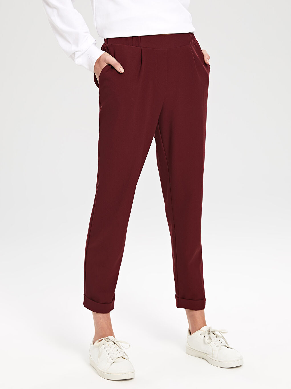Bordo Beli Lastikli Esnek Kadın Pantolon-4