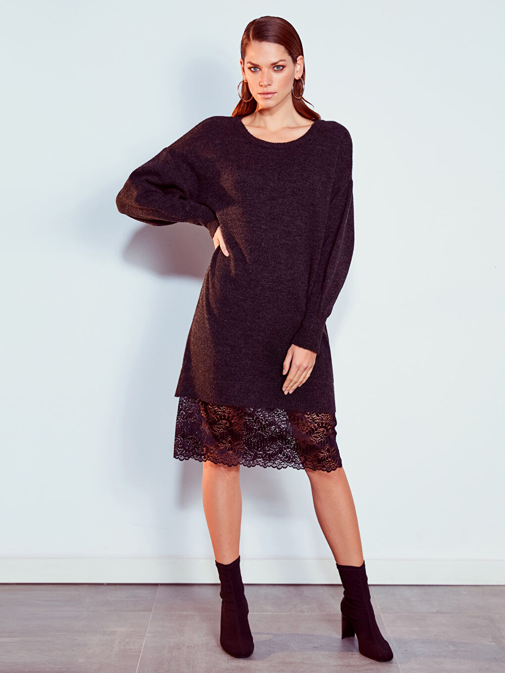 Antrasit Bisiklet Yaka Uzun Kollu Kadın Elbise