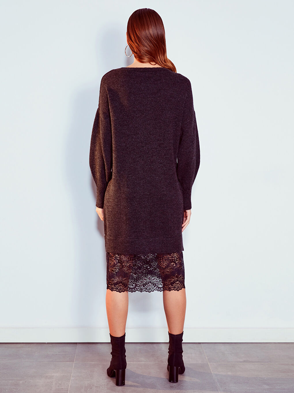 Antrasit Bisiklet Yaka Uzun Kollu Kadın Elbise-2