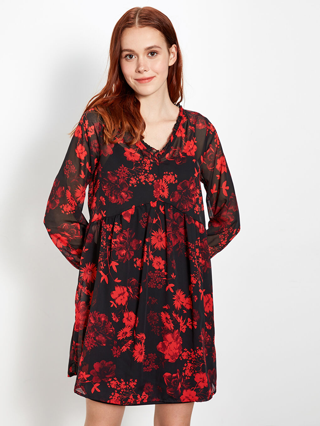 Floral Patterned Women's Long Sleeve Chiffon Dress