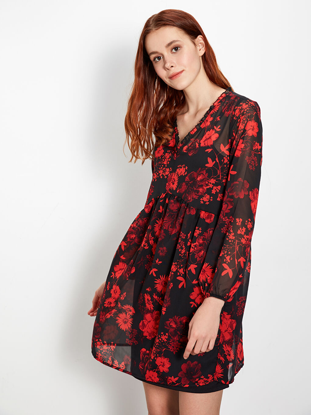 Floral Patterned Women's Long Sleeve Chiffon Dress-1