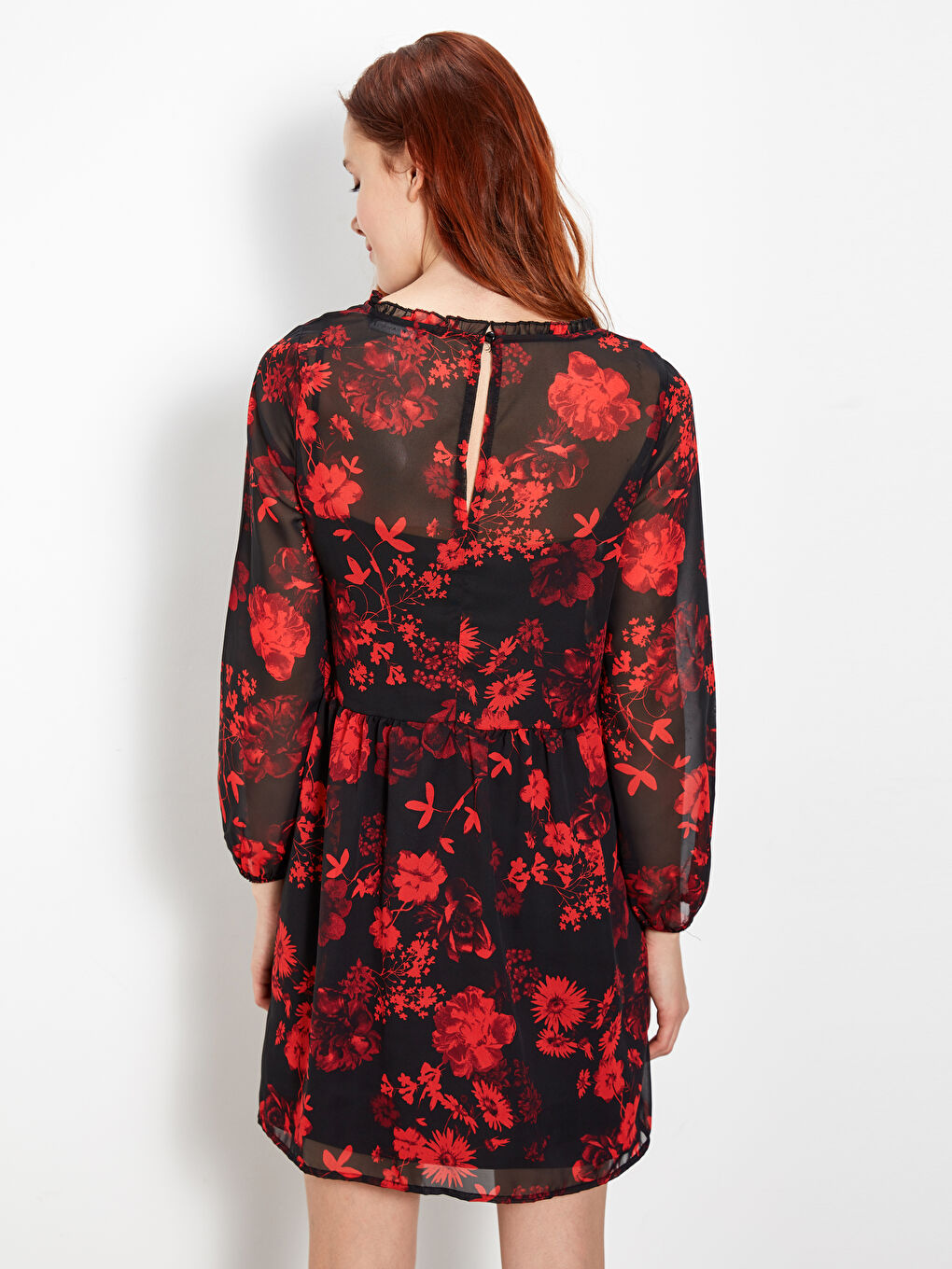 Floral Patterned Women's Long Sleeve Chiffon Dress-2