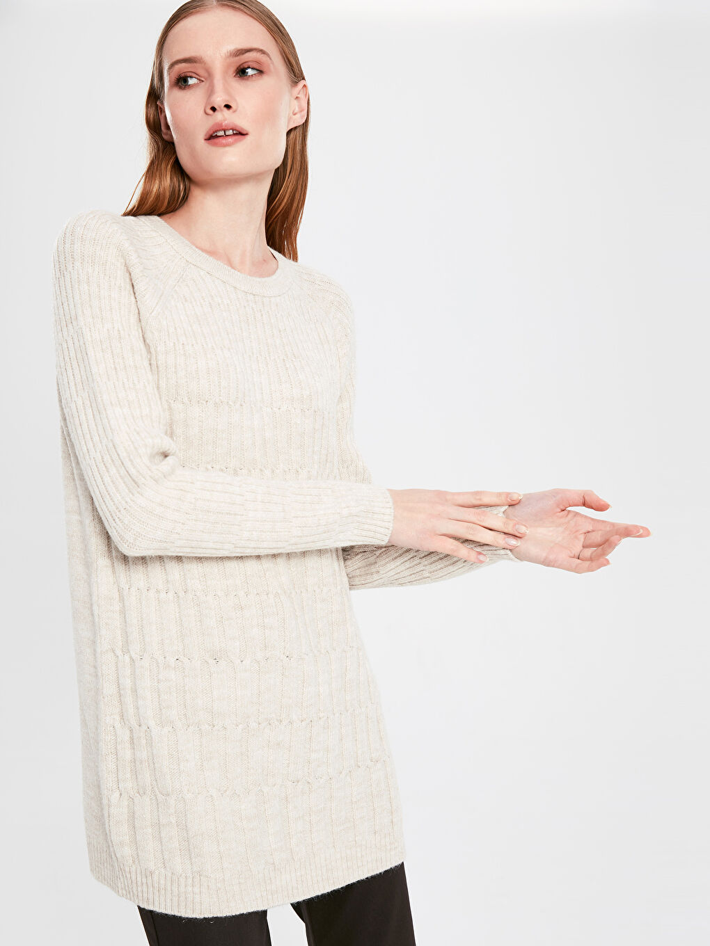 Bej Bisiklet Yaka Kadın Tunik-1