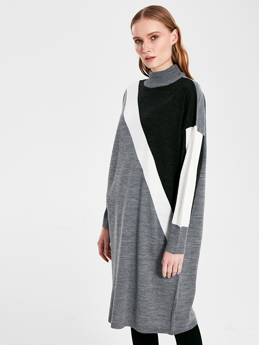 Half Turtleneck Color Block Women Tunic-1