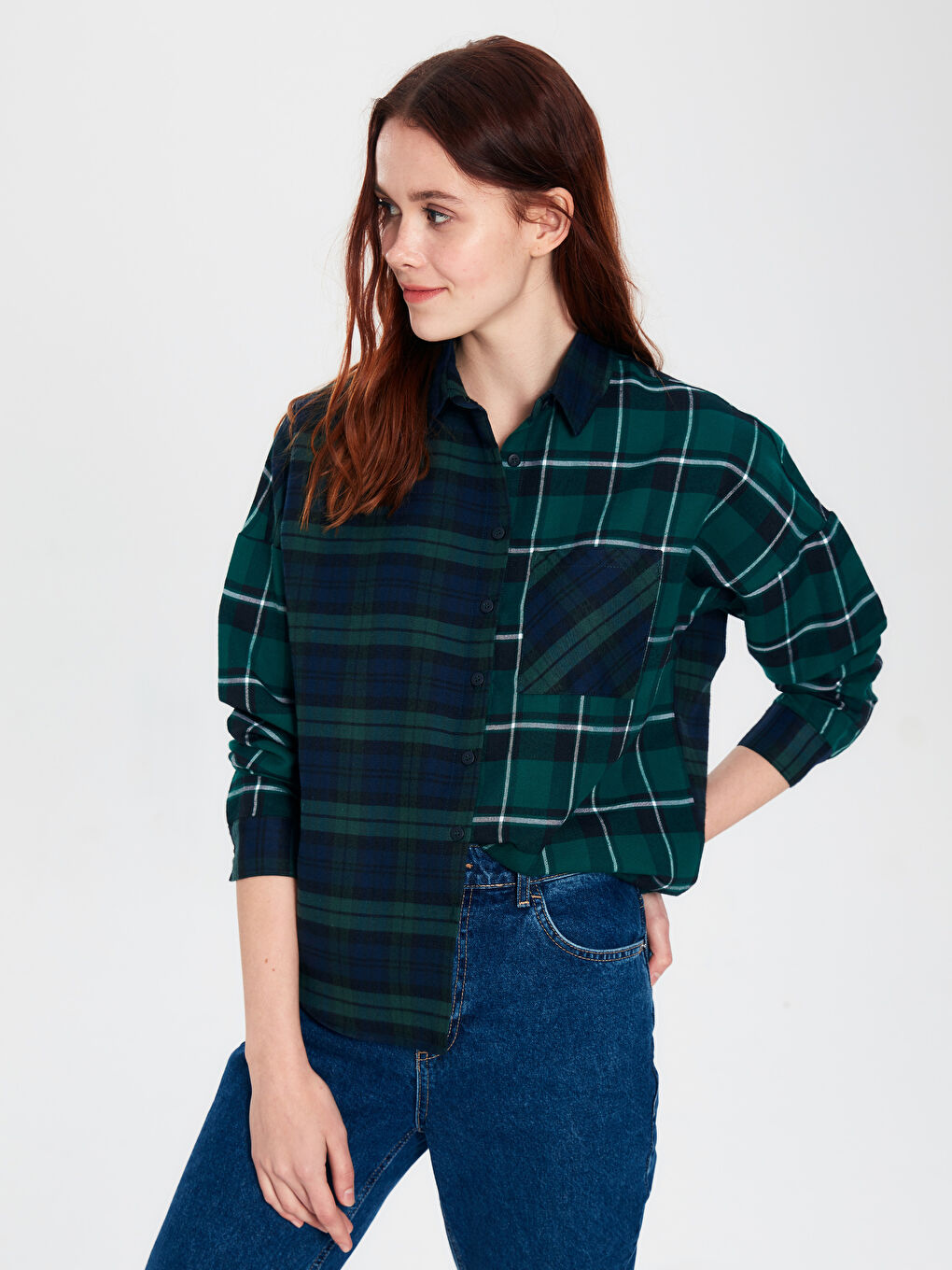 Yeşil Gömlek Yaka Standart Fit Uzun Kollu Kadın Gömlek