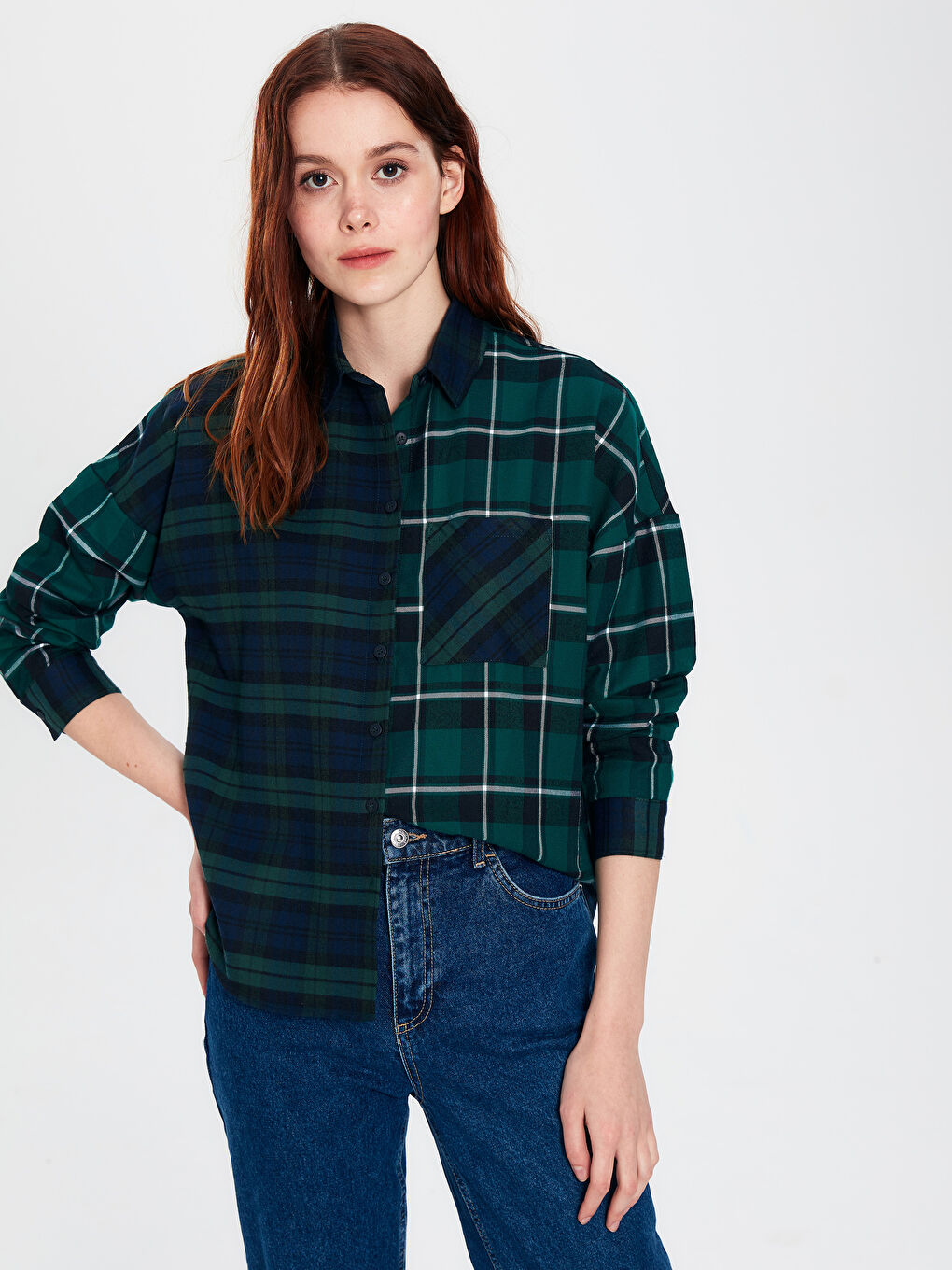 Yeşil Gömlek Yaka Standart Fit Uzun Kollu Kadın Gömlek-2