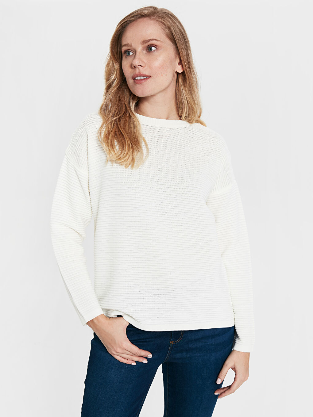 Crew Neck Self Patterned Long Sleeve Women's Knitwear Sweater