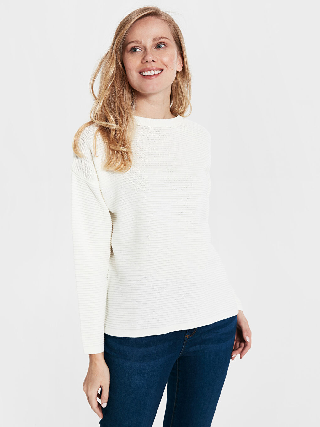 Crew Neck Self Patterned Long Sleeve Women's Knitwear Sweater-1