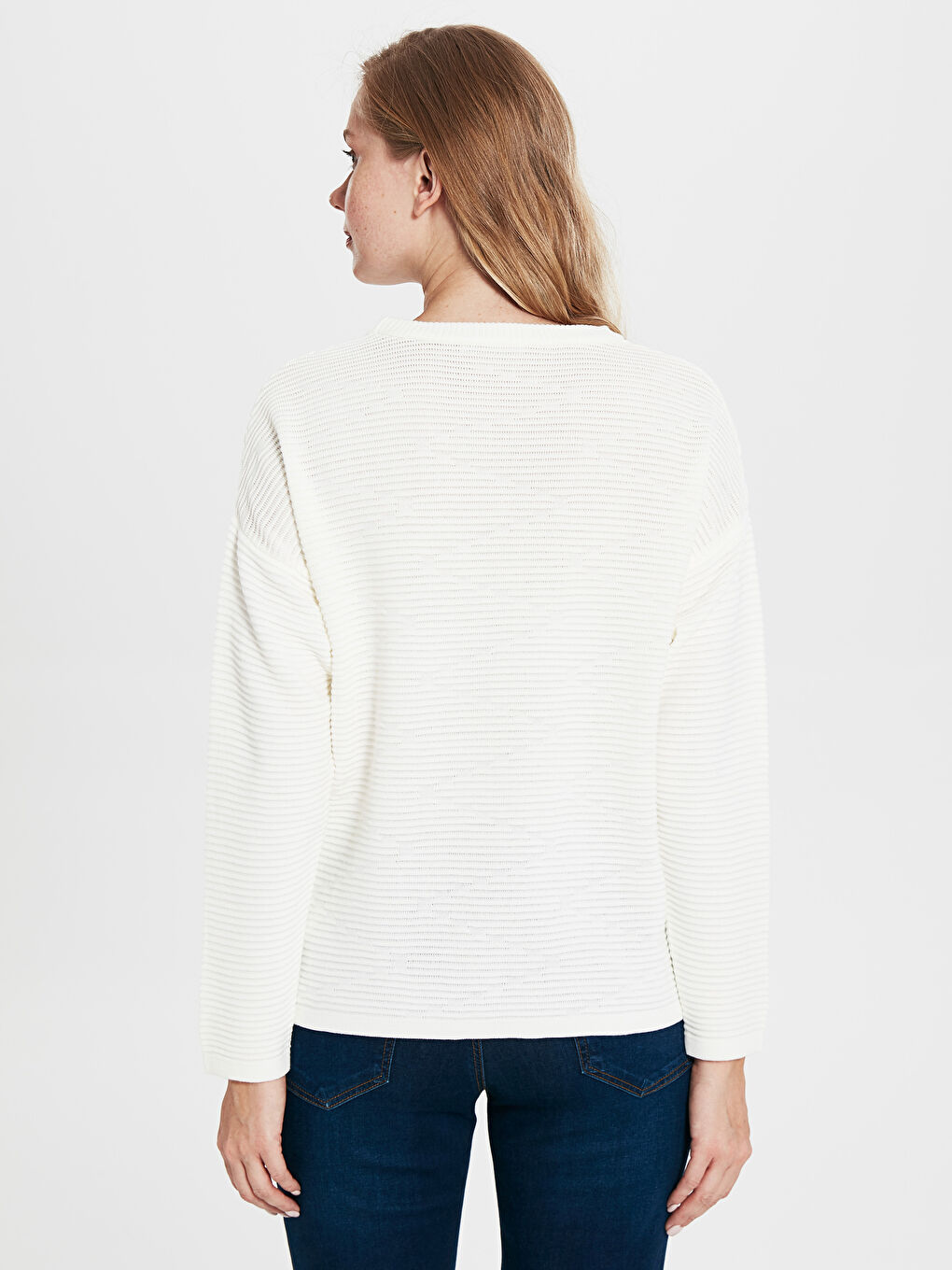 Crew Neck Self Patterned Long Sleeve Women's Knitwear Sweater-3