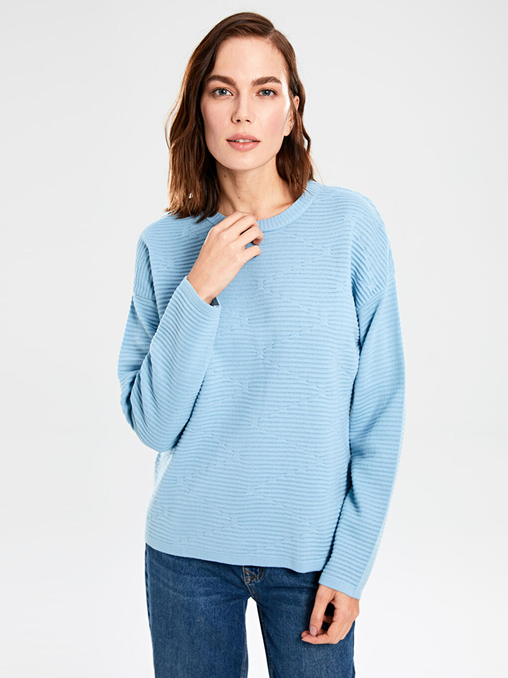 Yeşil Bisiklet Yaka Kendinden Desenli Uzun Kollu Kadın Triko Kazak