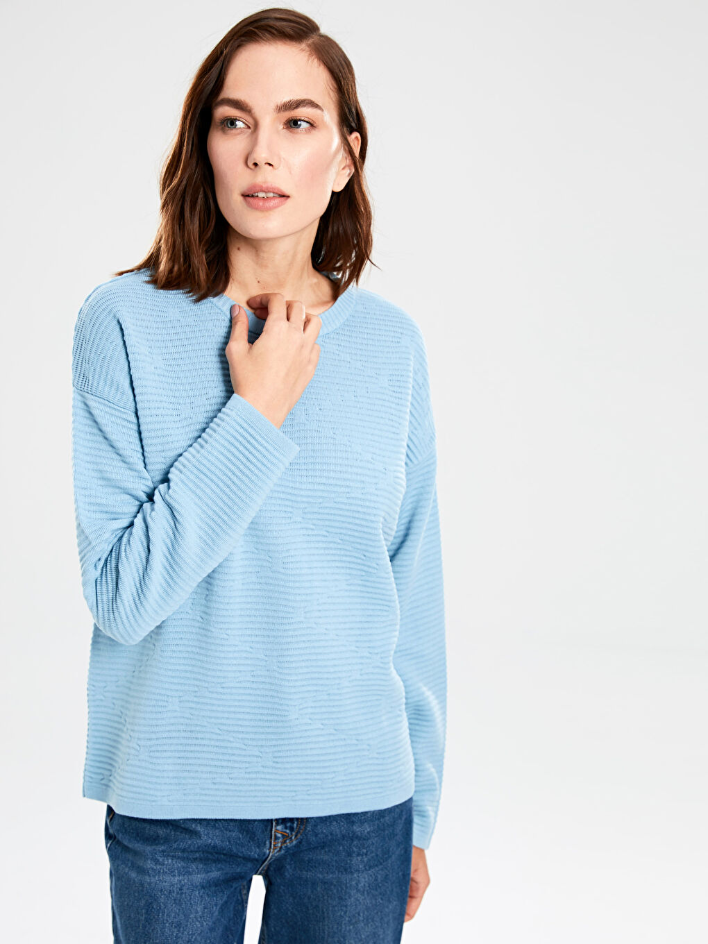 Yeşil Bisiklet Yaka Kendinden Desenli Uzun Kollu Kadın Triko Kazak-1